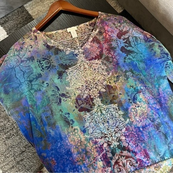 CHICO'S Colorful Print 3/4 Sleeve Knit Top Sz 2 Ties On Bottom BLING Rhinestone - Picture 4 of 9